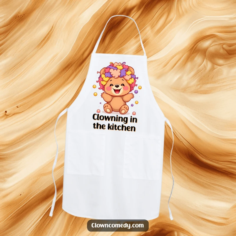 Funny apron showcasing a giggling bear cub in a colorful clown wig, juggling tiny balls, ready for kitchen fun.