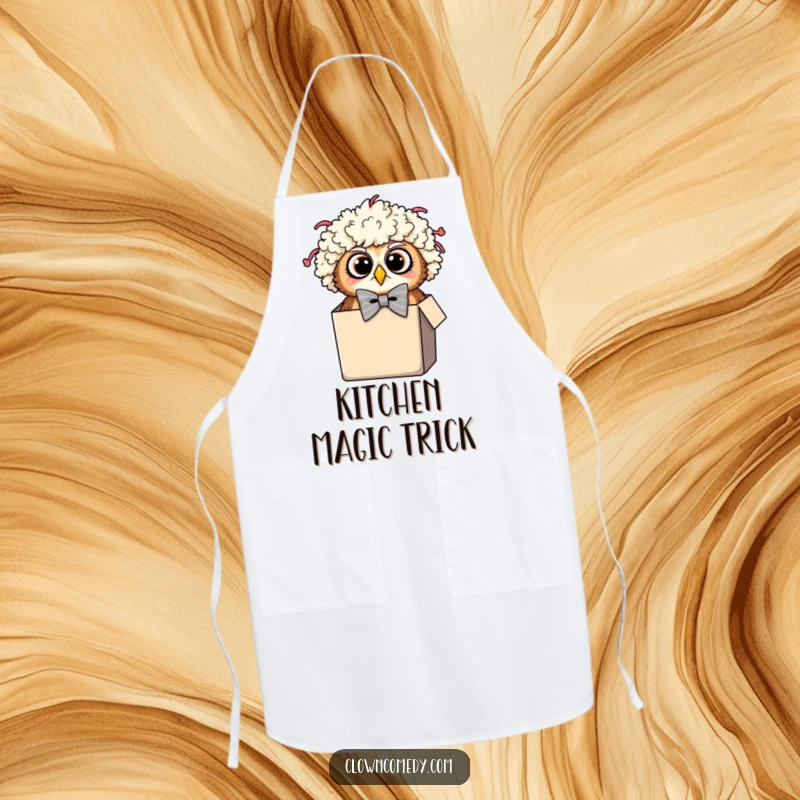Funny Owl Clown Apron: A surprised owl in a clown wig and oversized bowtie peeking from a tiny box, for surprising culinary fun.