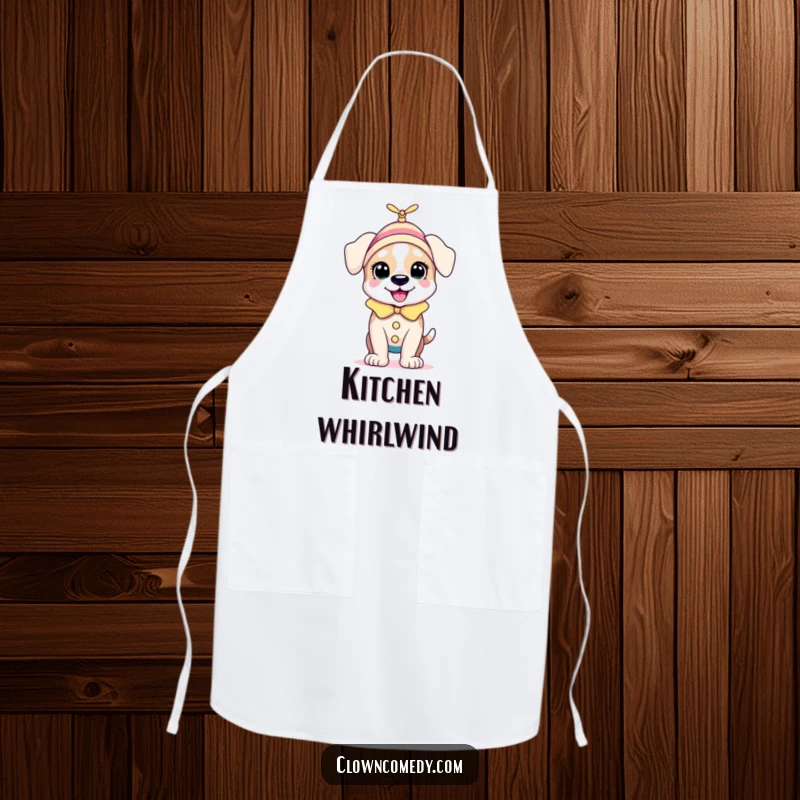 Funny Puppy Clown Apron: A bouncing puppy in a clown outfit with a tiny spinning propellor on its head, for playful kitchen adventures.