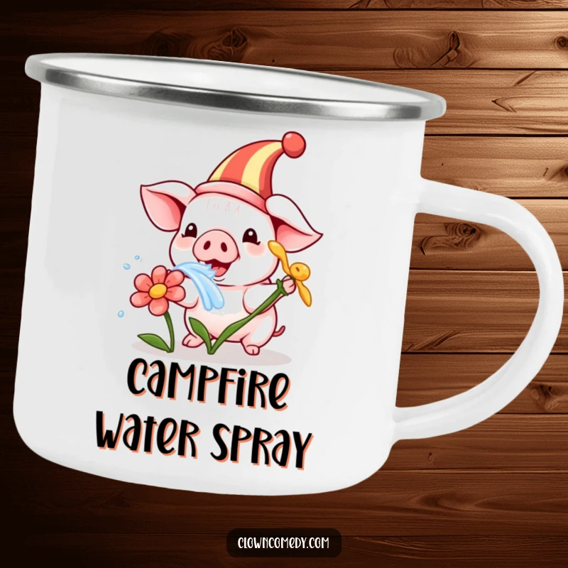 Funny, durable camping mug featuring a playful piglet in a clown hat, humorously squirting water, ready for outdoor fun.