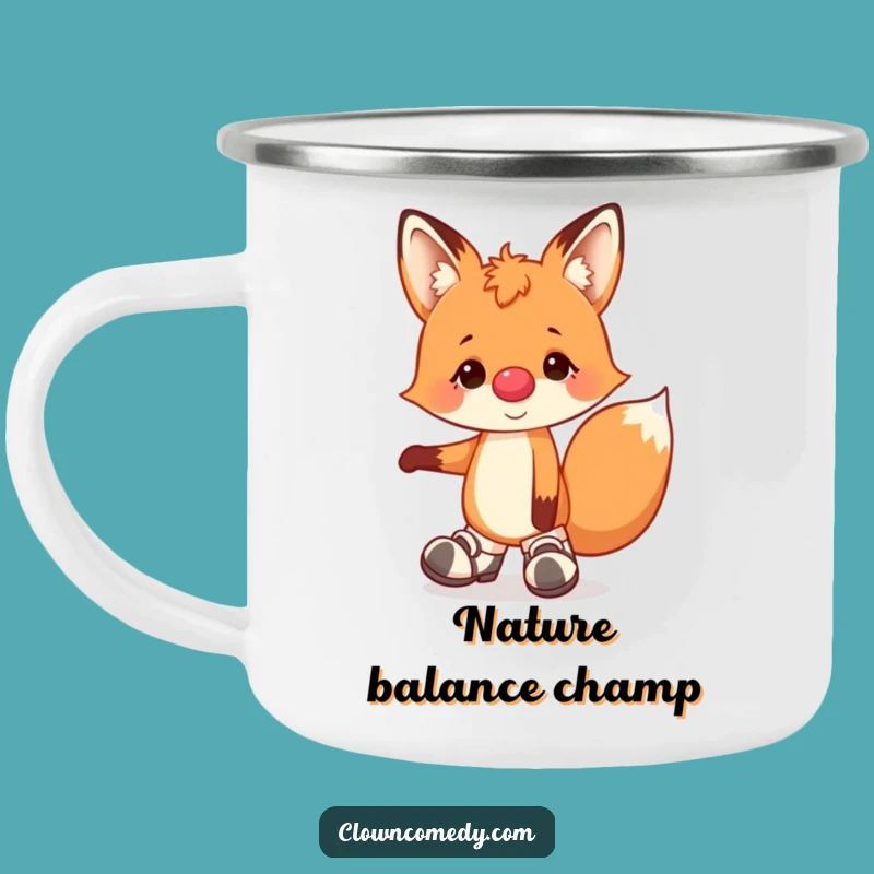 Funny Fox Clown Camping Mug: Adventure Ready Humor, Cheerful Acrobat Fox