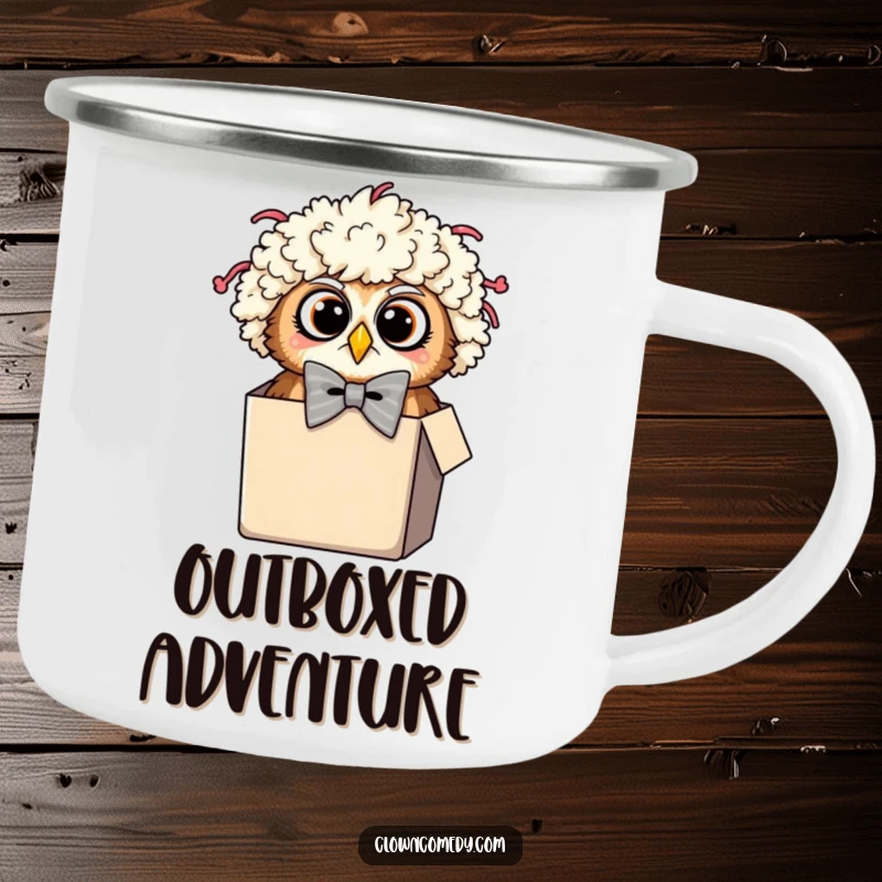 Funny Owl Clown Camping Mug: A surprised owl in a clown wig and oversized bowtie peeking from a tiny box, for campfire surprises.