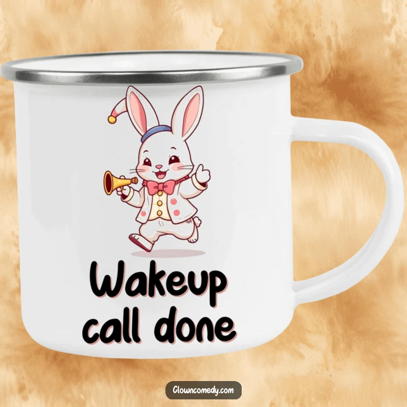 Funny Bunny Clown Camping Mug: A hopping bunny in a clown suit plays a tiny trumpet, for musical outdoor adventures.