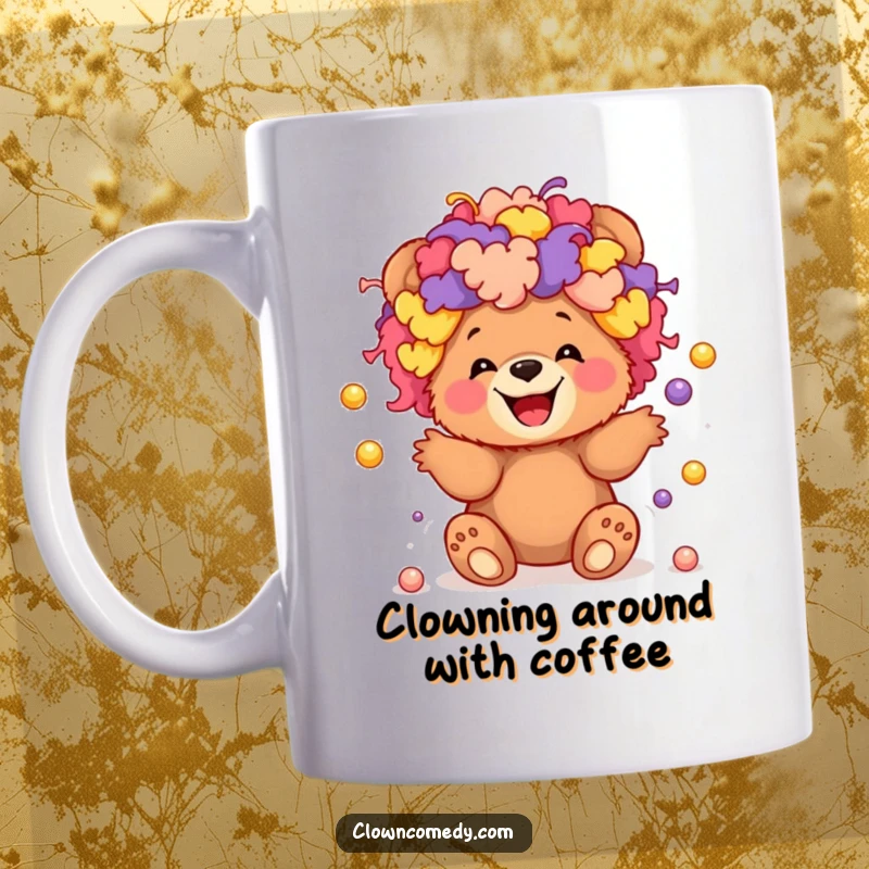 Funny mug featuring a giggling bear cub wearing a colorful clown wig and juggling tiny balls.
