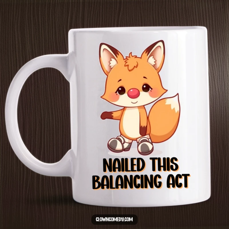 Funny fox wearing a clown nose and floppy shoes, balancing on one paw on a coffee mug, representing playful acrobatics.