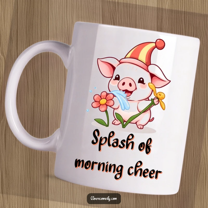 Funny piglet wearing a clown hat, happily squirting water from a miniature flower on a coffee mug, embodying playful mischief.