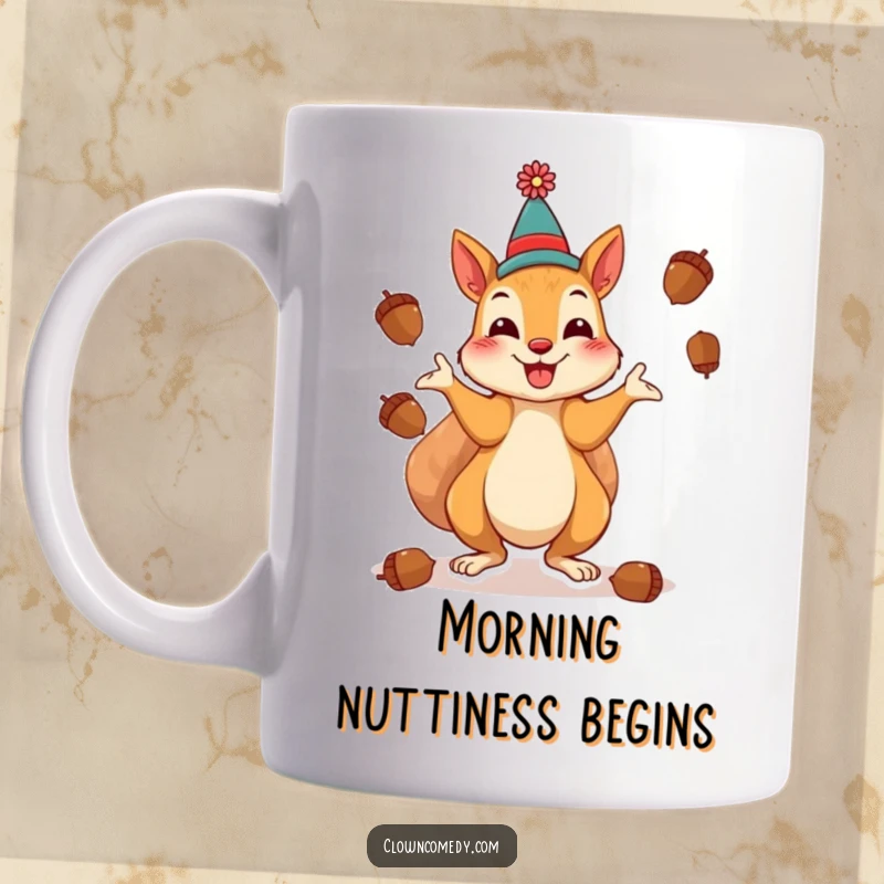Funny Squirrel Clown Mug: A cheerful squirrel as a clown, playfully juggling acorns, bringing nutty fun and smiles.
