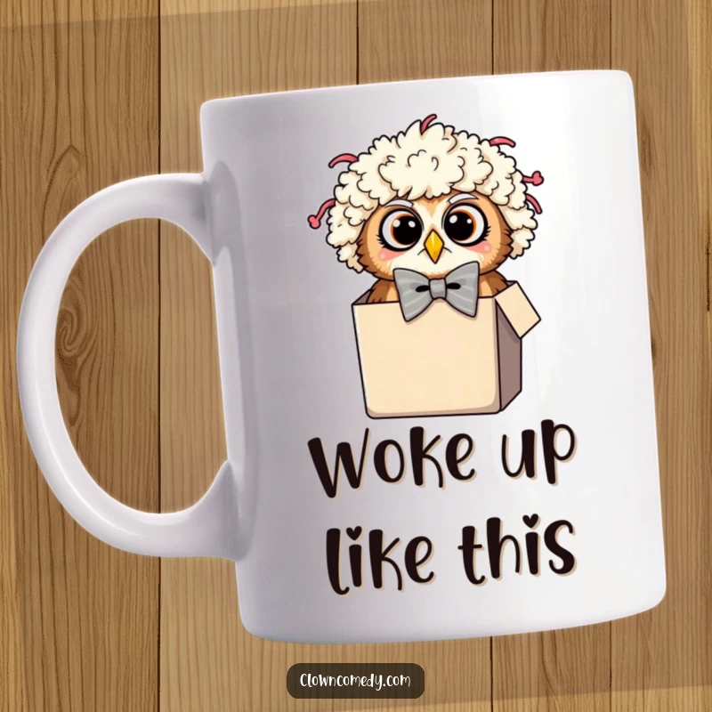 Funny Owl Clown Mug: A surprised owl in a clown wig and oversized bowtie peeking from a tiny box, bringing unexpected humor.