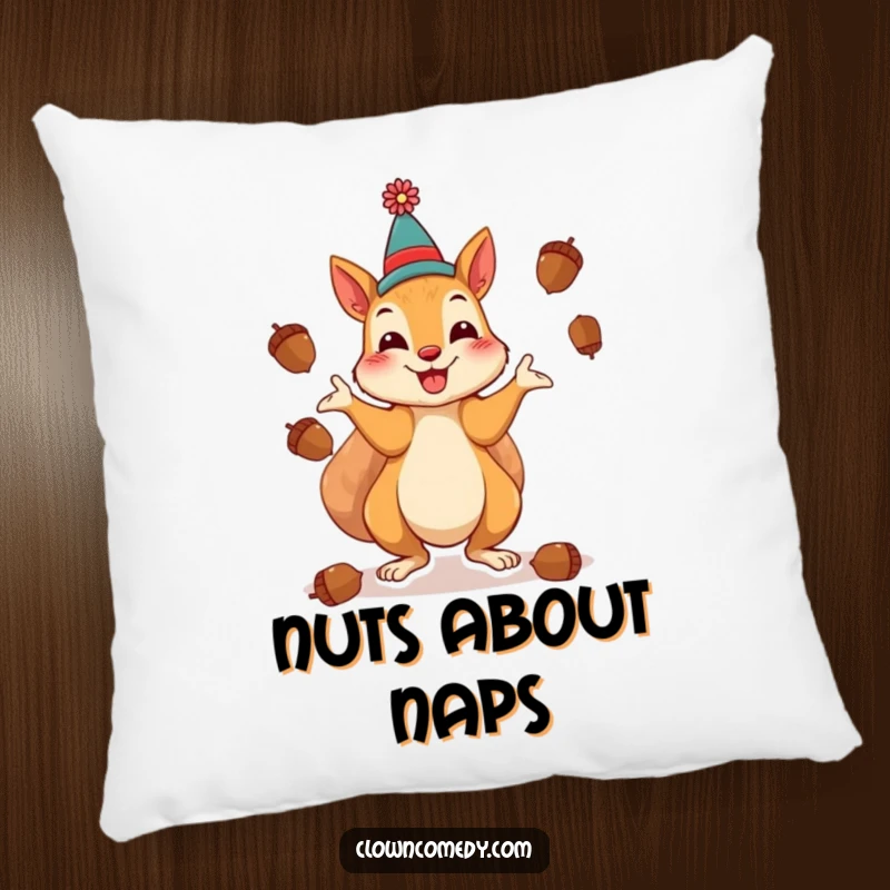 Funny Squirrel Clown Pillow: A cheerful squirrel as a clown, playfully juggling acorns, plush comfort with a nutty theme.