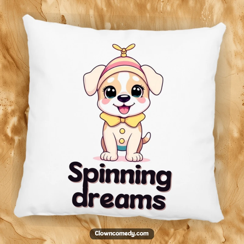 Funny Puppy Clown Pillow: A bouncing puppy in a clown outfit with a tiny spinning propellor on its head, plush comfort with a playful theme.