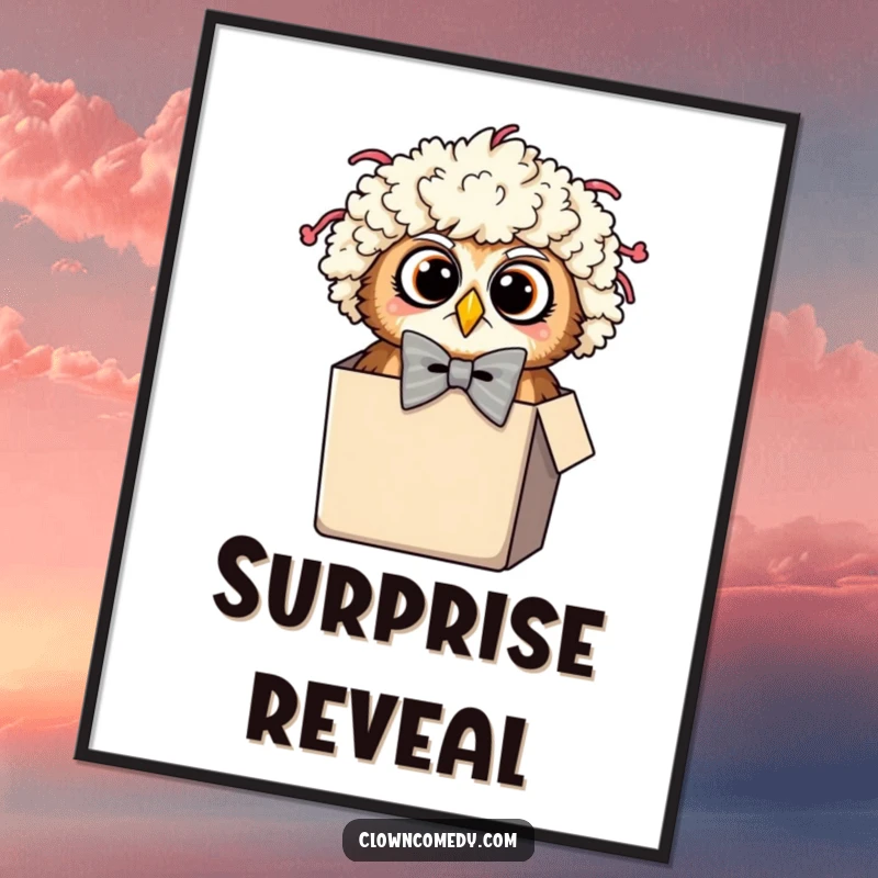 Funny Owl Clown Digital Art Print: A surprised owl in a clown wig and oversized bowtie peeking from a tiny box, for instant whimsical decor.