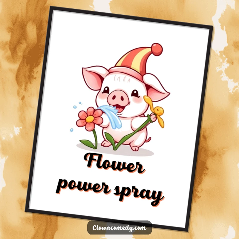 Funny digital art print of a playful piglet in a clown hat, humorously squirting water from a flower, perfect for charming wall art.