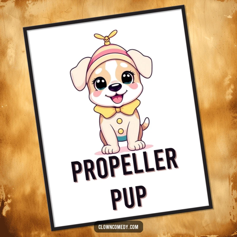 Funny Puppy Clown Digital Art Print: A bouncing puppy in a clown outfit with a tiny spinning propellor on its head, for instant playful decor.
