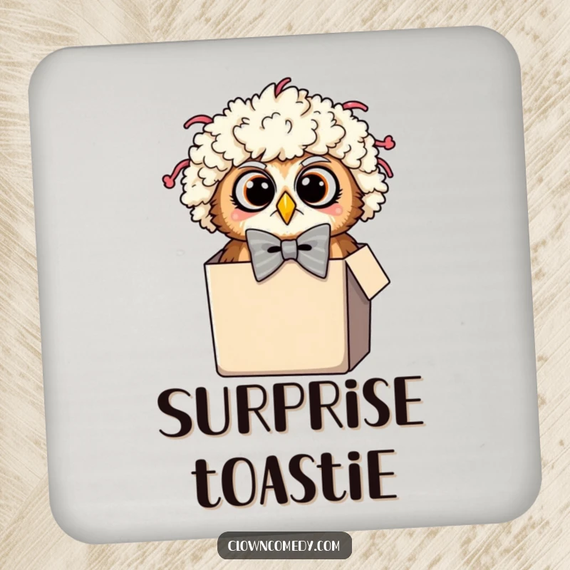 Funny Owl Clown Coaster: A surprised owl in a clown wig and oversized bowtie peeking from a tiny box, adds surprise to drinks.