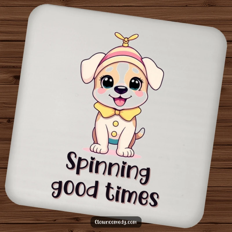 Funny Puppy Clown Coaster: A bouncing puppy in a clown outfit with a tiny spinning propellor on its head, adds playful charm to drinks.