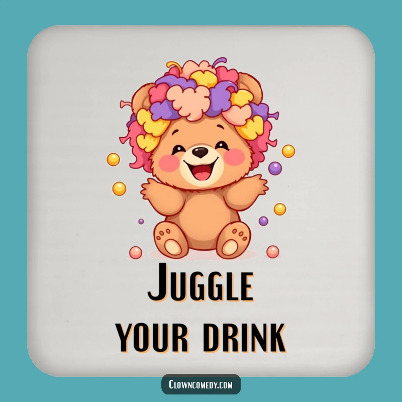 Funny Clown Bear Coaster: Giggling Cub Juggling Balls, Protects Surfaces, Funny Gift!