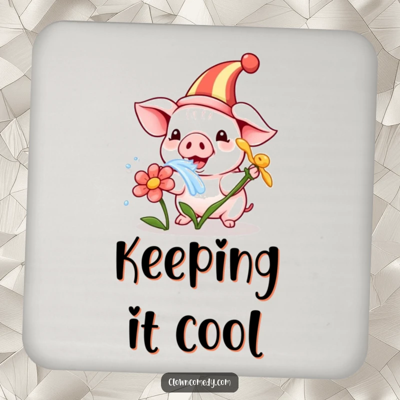 Funny drink coaster featuring a playful piglet in a clown hat, humorously squirting water from a flower, adding playful protection.