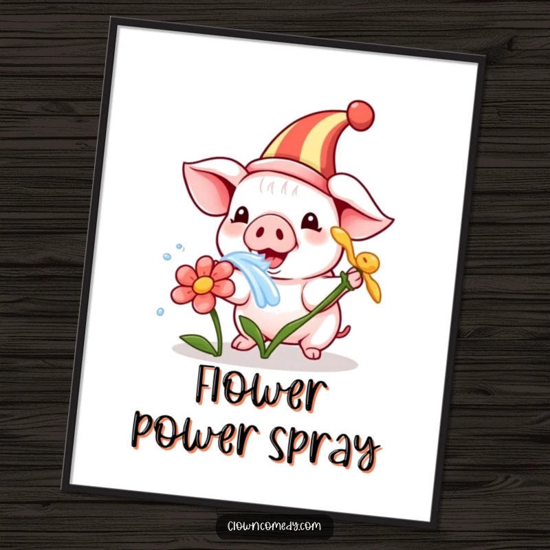 Funny poster of a playful piglet in a clown hat, humorously squirting water from a miniature flower, adding cheerful decor.