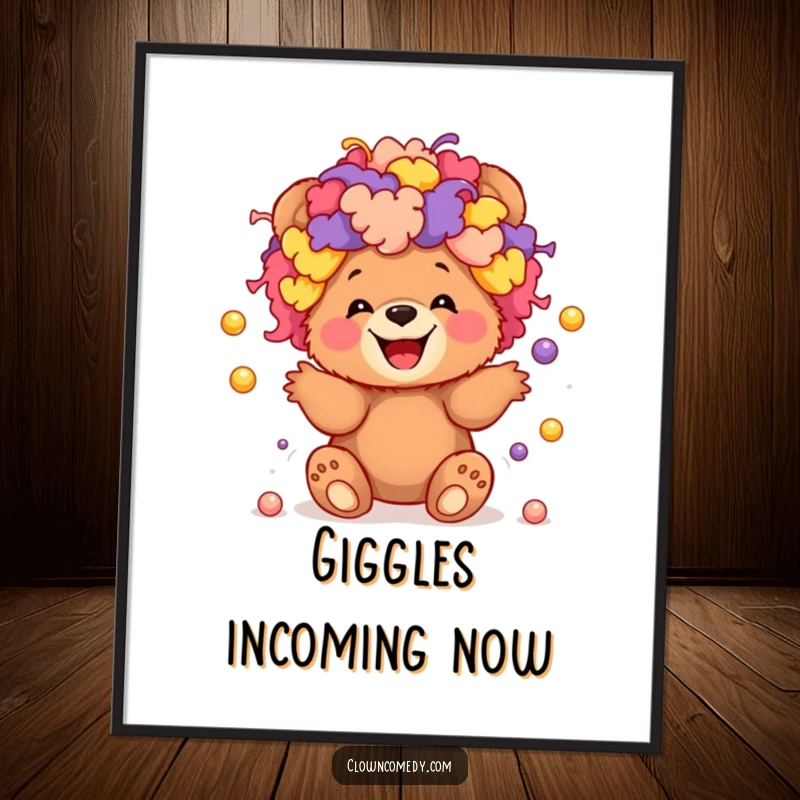 Funny poster art of a giggling bear cub in a bright clown wig, playfully juggling tiny balls.
