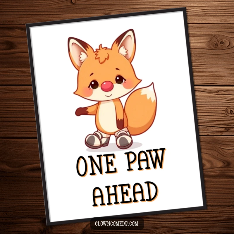Funny poster displaying a cheerful fox dressed as a clown, balancing precariously on one paw, bringing vibrant, humorous energy to walls.