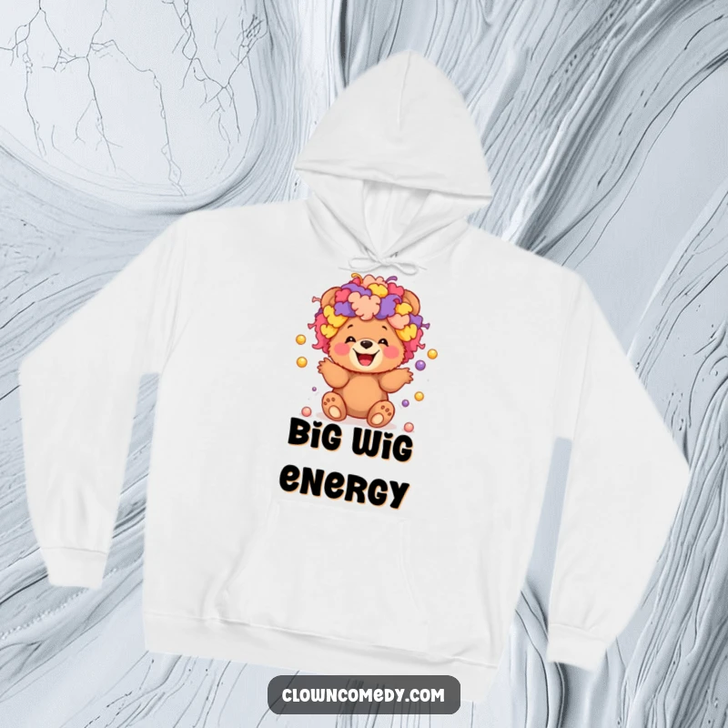 Funny hoodie featuring a giggling bear cub in a colorful clown wig, juggling tiny balls, perfect for cozy fun.