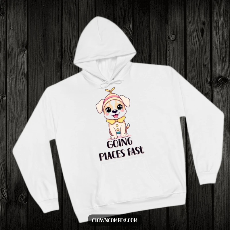 Funny Puppy Clown Hoodie: A bouncing puppy in a clown outfit with a tiny spinning propellor on its head, cozy and full of puppy cheer.