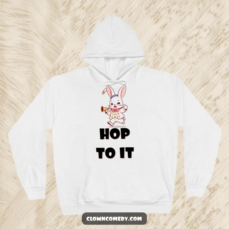 Funny Bunny Clown Hoodie: A hopping bunny in a clown suit plays a tiny trumpet, cozy and full of musical cheer.