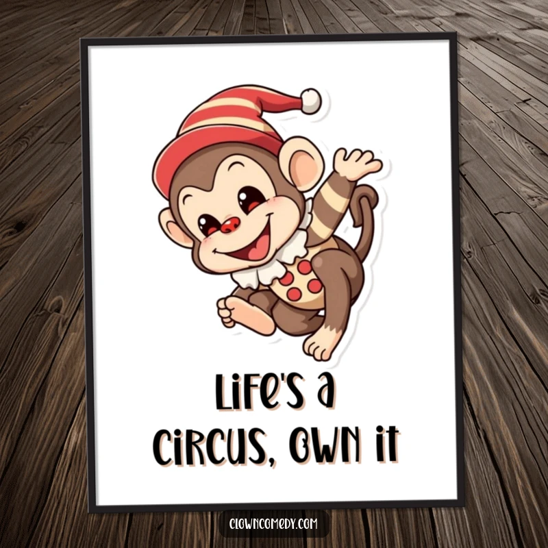 Funny Free Printable Monkey Clown Wall Art featuring a mischievous monkey in a clown outfit tumbling joyfully with a painted smile.