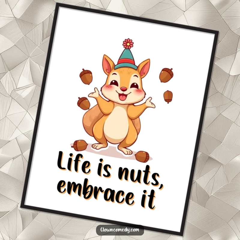 Funny Free Printable Squirrel Clown Wall Art featuring a cheerful squirrel clown playfully juggling acorns with a mischievous grin.