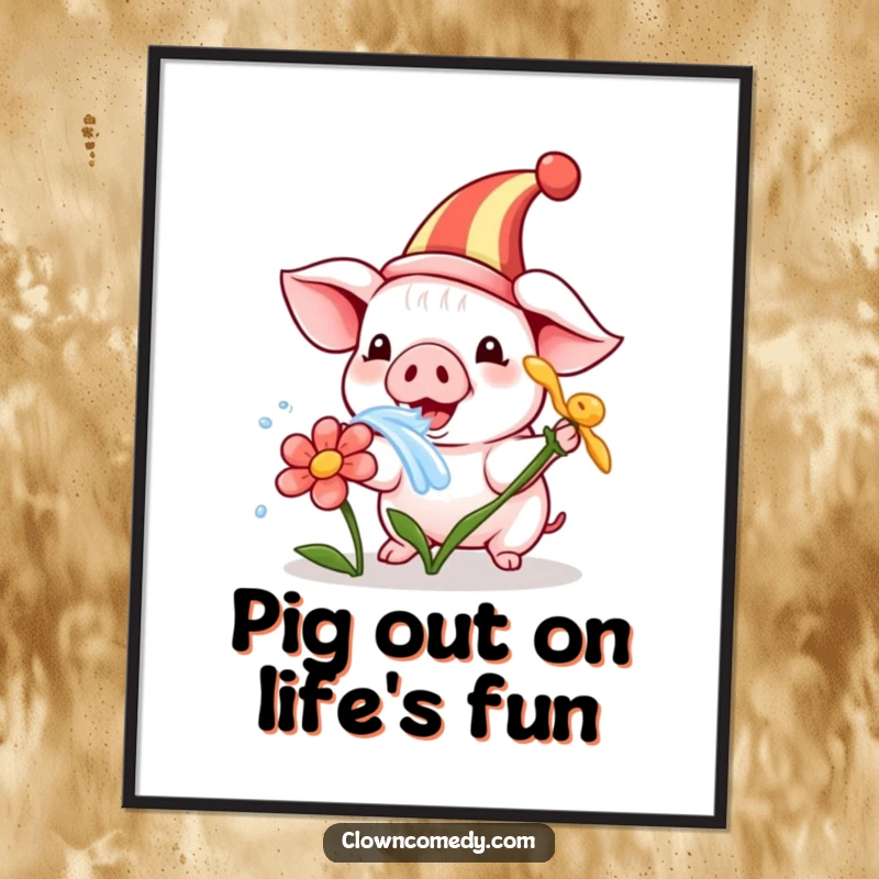 Funny Free Printable Wall Art: A cute piglet clown in a small hat happily squirting water from a flower.