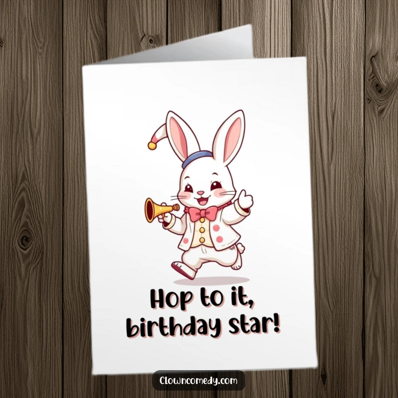Funny Free Printable Bunny Clown Birthday Card: a hopping bunny in a clown suit plays a tiny trumpet joyfully.