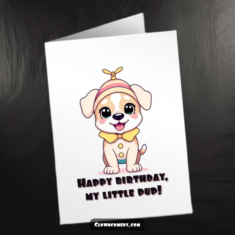 Funny Free Printable Puppy Clown Birthday Card: a bouncing puppy in a clown outfit with a spinning propeller on its head.