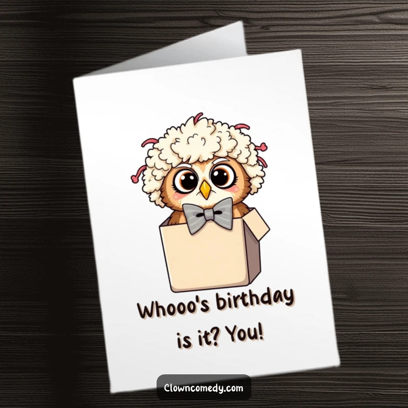 Funny Free Printable Owl Clown Birthday Card: a surprised owl in a clown wig and bowtie peeking from a tiny box.