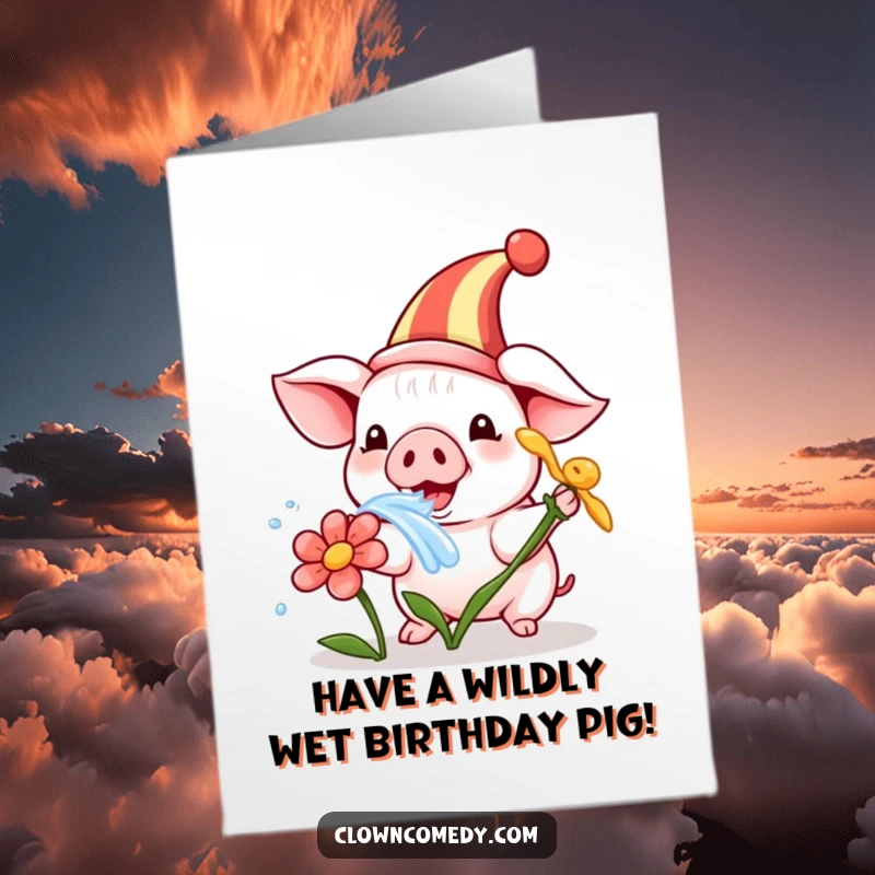 Funny Free Printable Birthday Card: Playful piglet clown squirting water from a tiny flower with a hat.