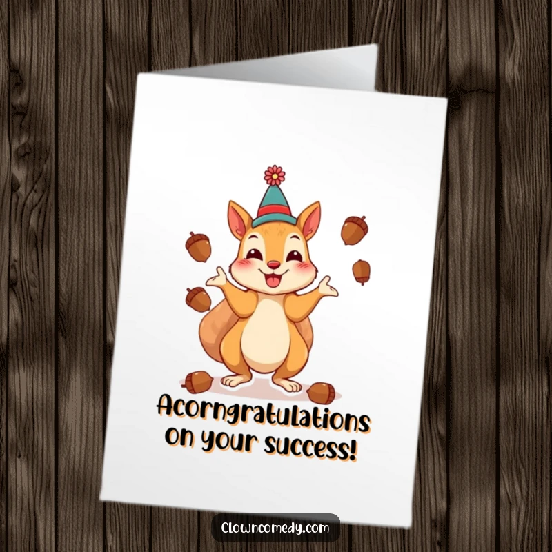 Funny Free Printable Squirrel Clown Congratulations Card showing a cheerful squirrel clown playfully juggling acorns to celebrate.