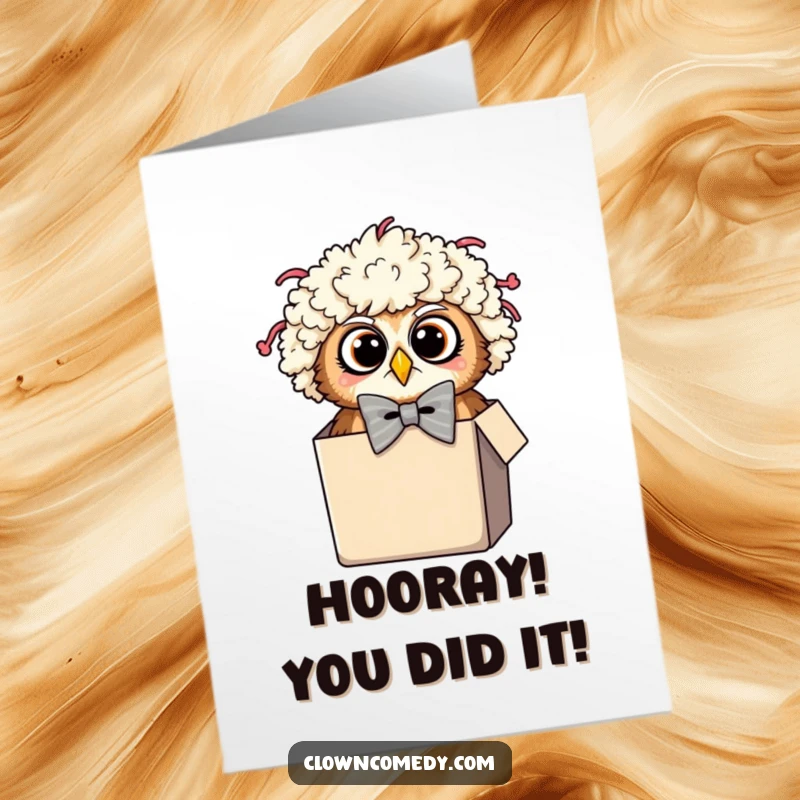 Funny Free Printable Owl Clown Congratulations Card showing a surprised owl in a clown wig and silly bowtie peeking from a tiny box.