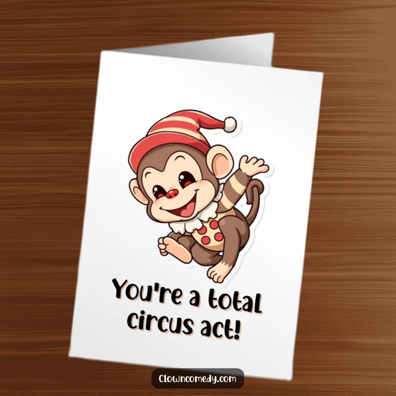 Funny Free Printable congratulations Card with a mischievous monkey clown tumbling joyfully, perfect for celebrating achievements with humor.