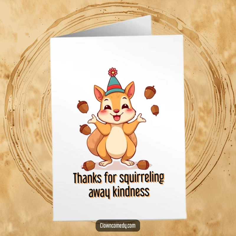 Funny Free Printable Squirrel Clown Thank You Card: a cheerful squirrel clown playfully juggling acorns to express thanks.