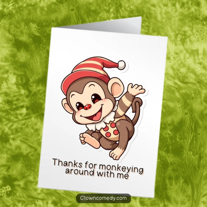 Funny Free Printable Monkey Clown Thank You Card showing a joyful monkey clown tumbling with a painted smile, expressing gratitude.