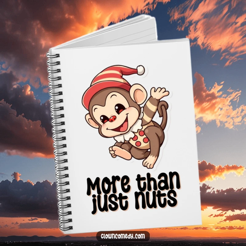 Funny Monkey Clown Notebook: A mischievous monkey in a clown outfit with a painted smile, joyfully tumbling, for jotting down funny thoughts.