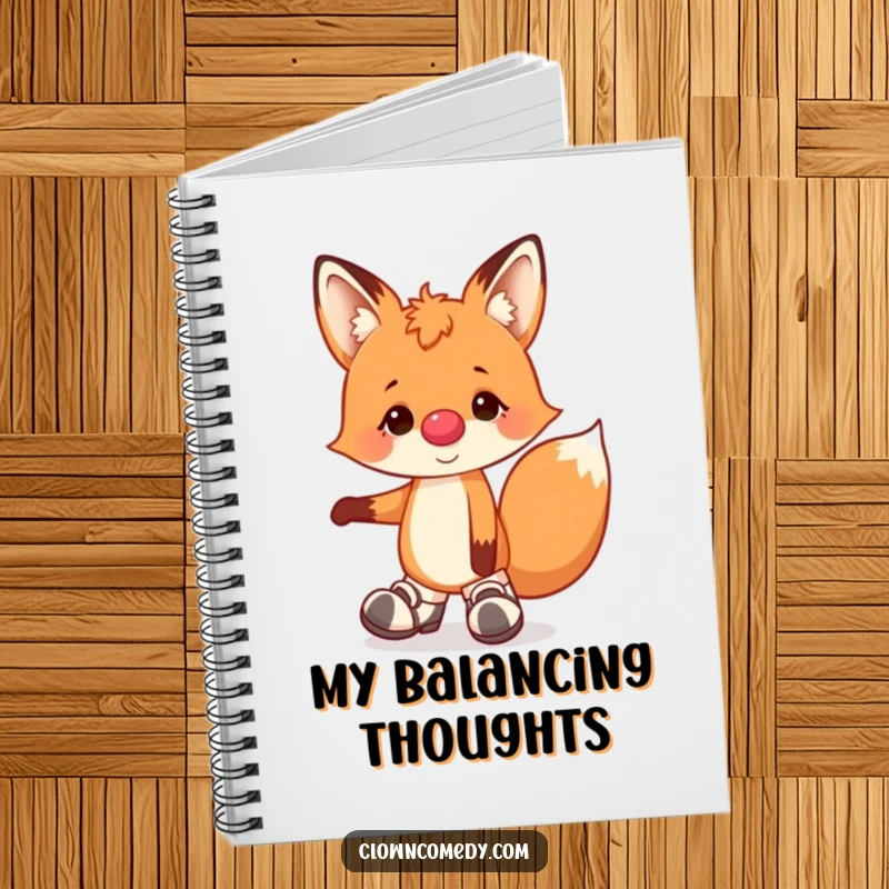 Funny notebook featuring a cheerful fox clown, complete with a nose and big shoes, humorously balancing on one paw for inspiration.