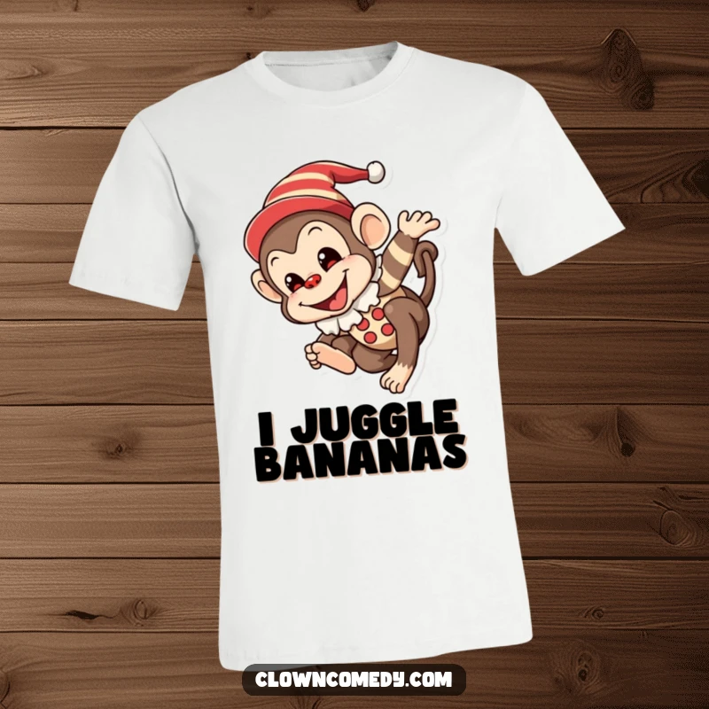 Funny Monkey Clown T-Shirt: A mischievous monkey in a clown outfit with a painted smile, joyfully tumbling, a hilarious wearable gag.