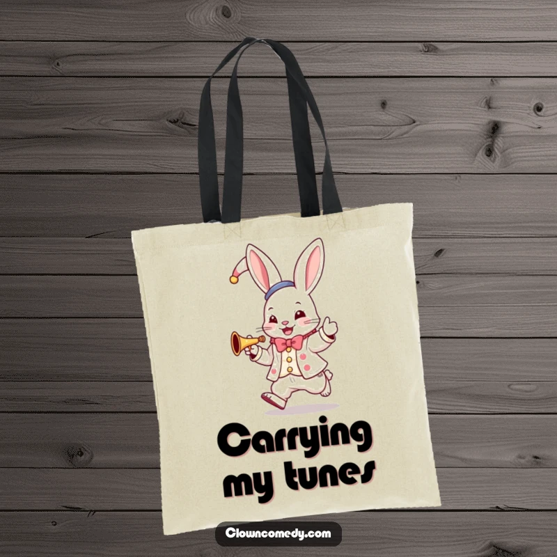 Funny Bunny Clown Tote Bag: A hopping bunny in a clown suit plays a tiny trumpet, for musical errands and smiles.