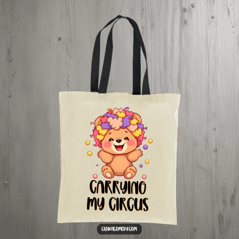 Funny tote bag depicting a giggling bear cub in a colorful clown wig, juggling tiny balls, great for essentials.