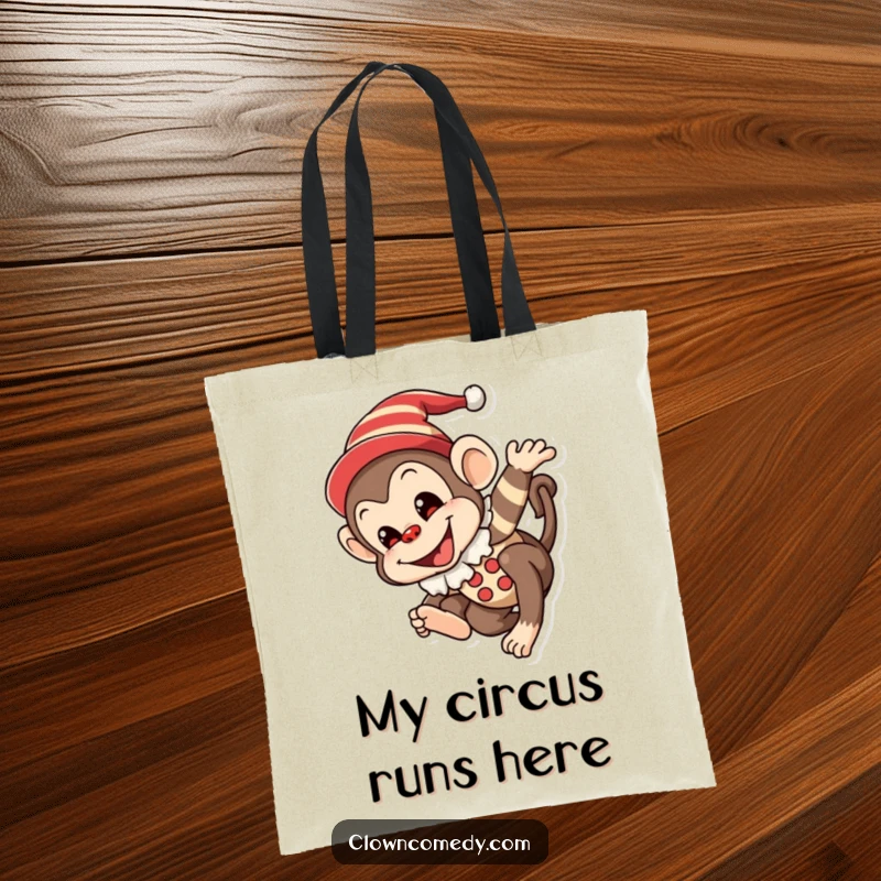 Funny Monkey Clown Tote Bag: A mischievous monkey in a clown outfit with a painted smile, joyfully tumbling, for errands and laughter.