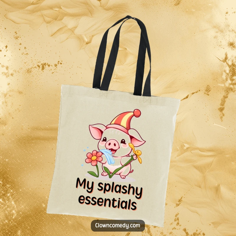 Funny tote bag featuring a playful piglet in a clown hat, squirting water from a flower, perfect for carrying daily items with a smile.